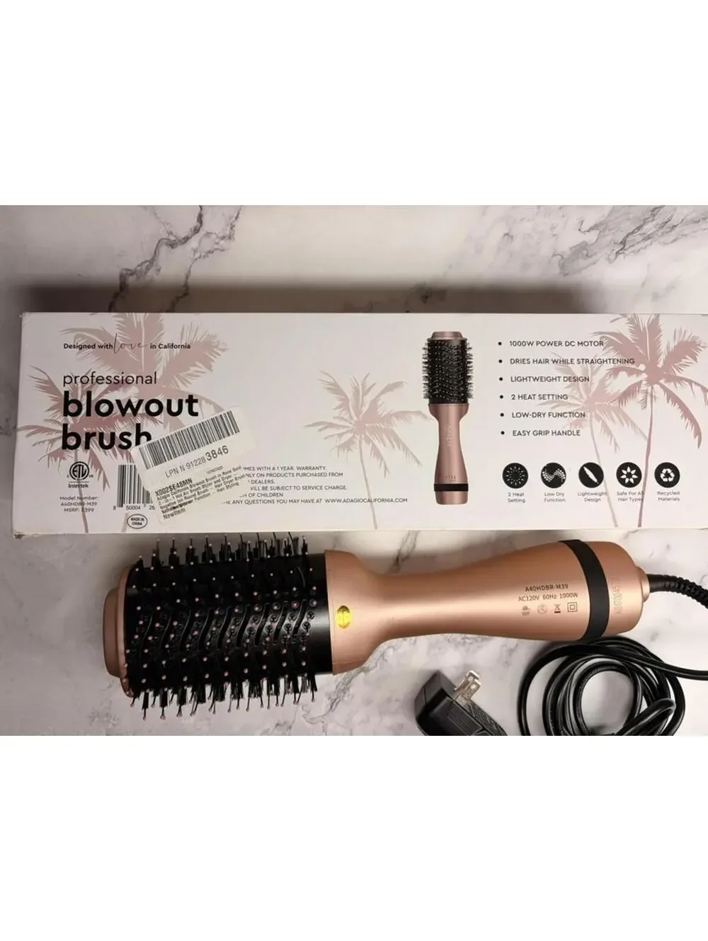 Adagio Professional Blowout Brush Rose Gold Hair Dryer Brush 1000W Volumizer